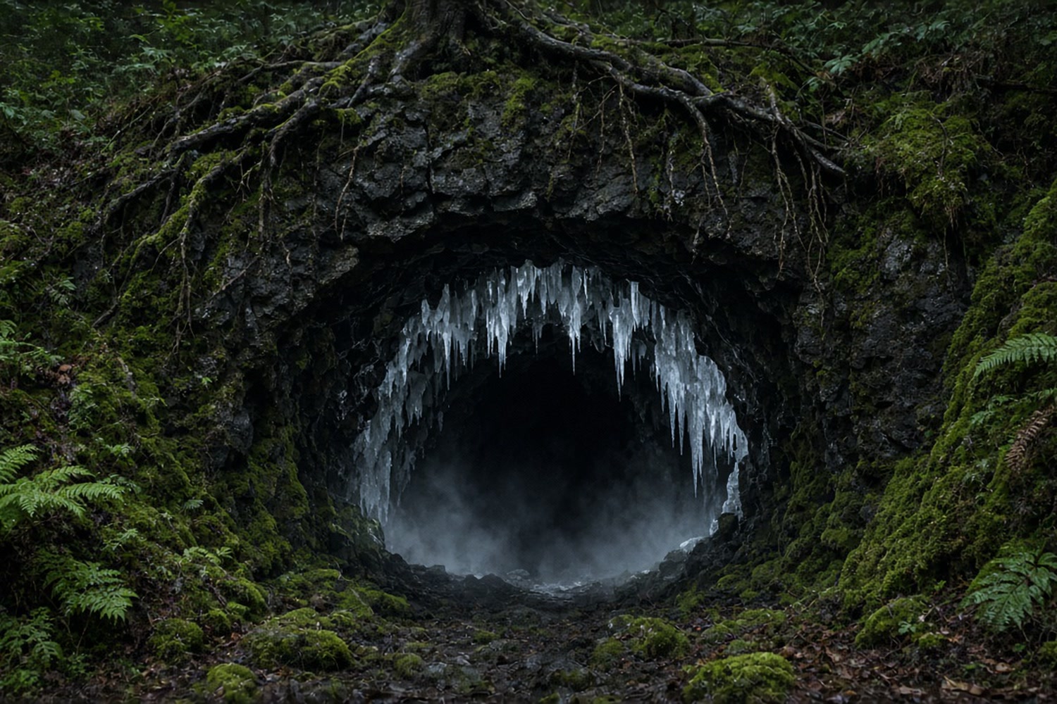 Entrance of a dark lava cave beneath the Aokigahara forest near Mount Fuji
