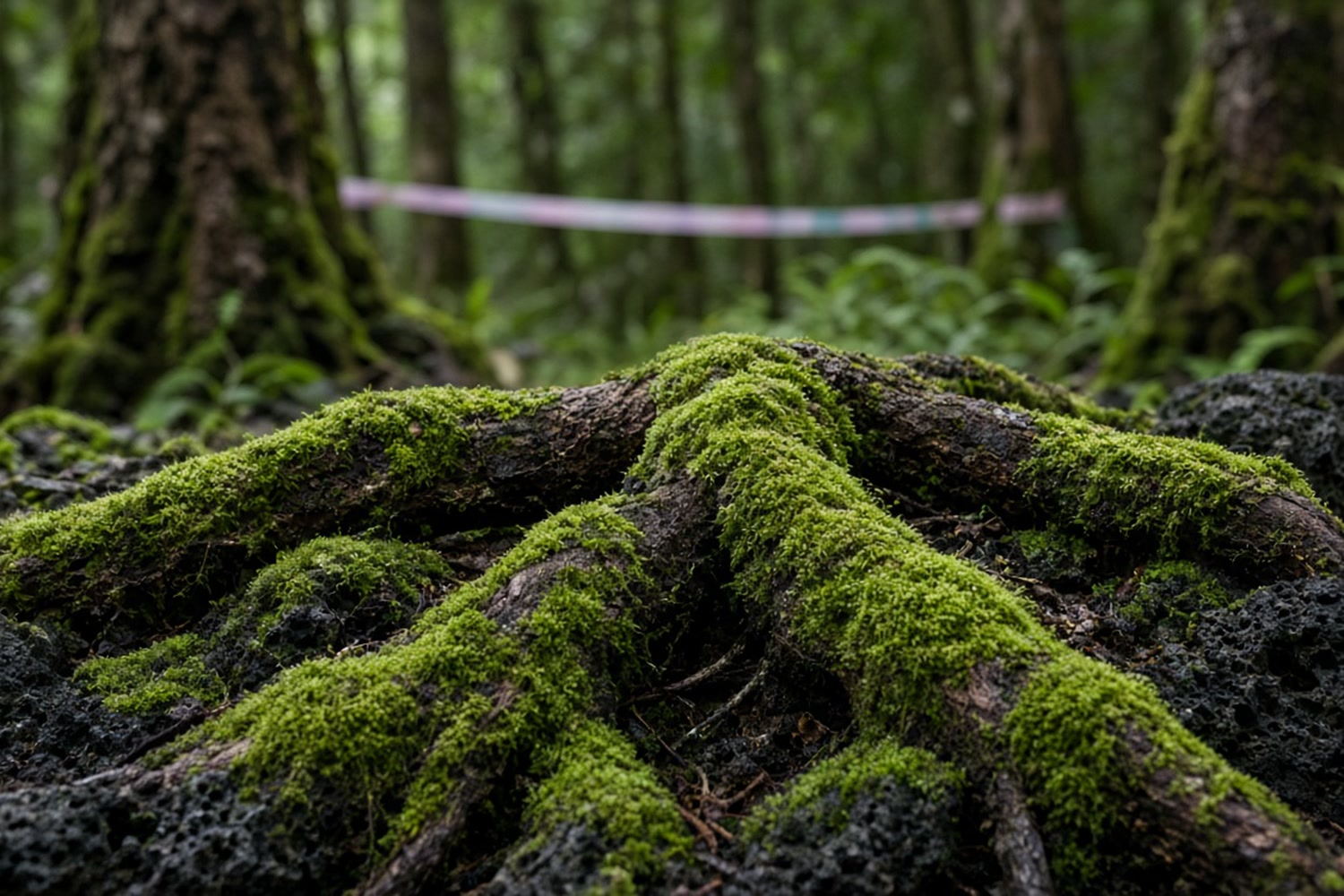 Moss-covered tree roots spreading over volcanic lava rock on the floor of Aokigahara forest