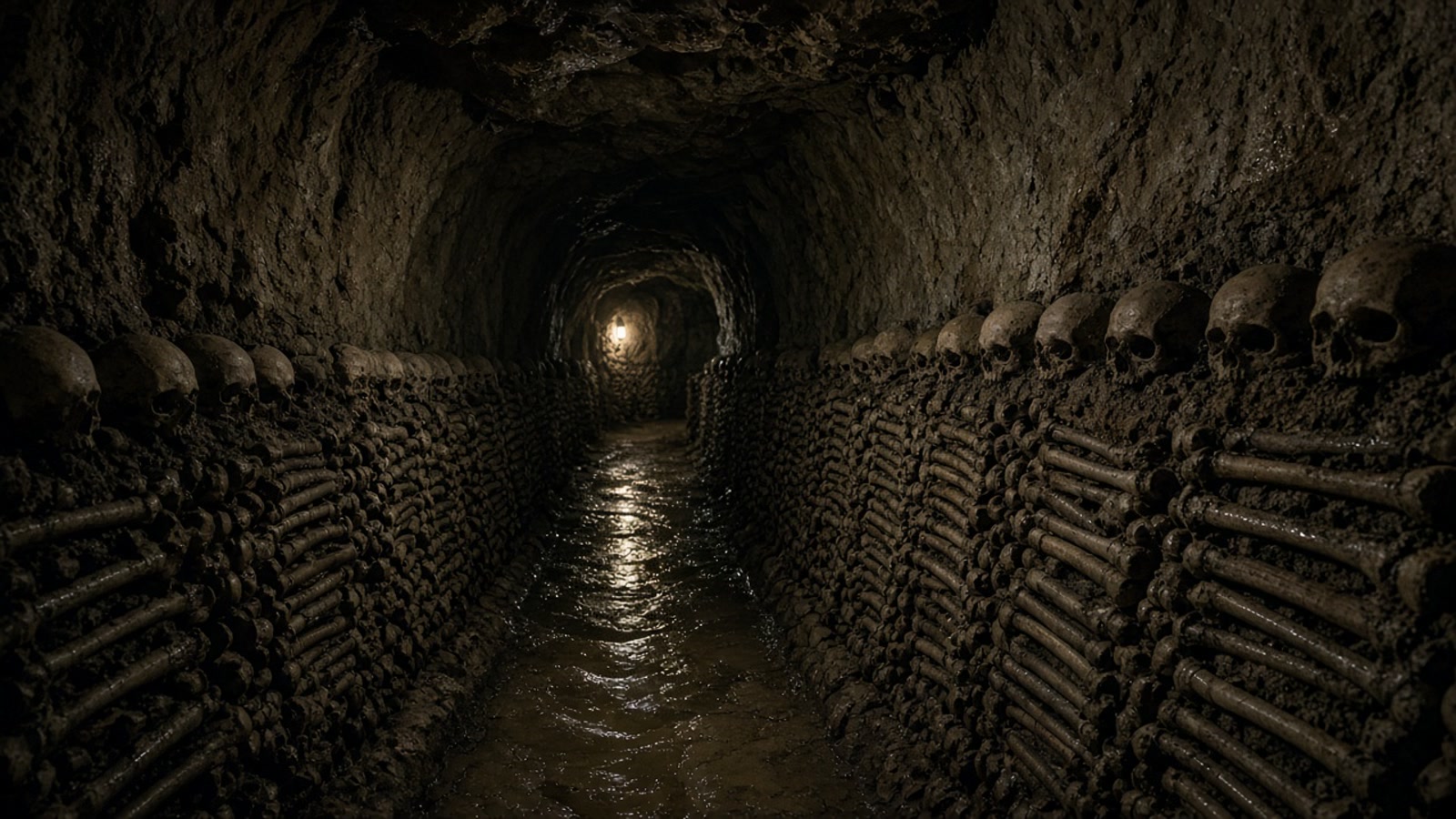 A dark limestone tunnel in the Paris catacombs, walls stacked with skulls and long bones, a single lamp glowing far ahead.
