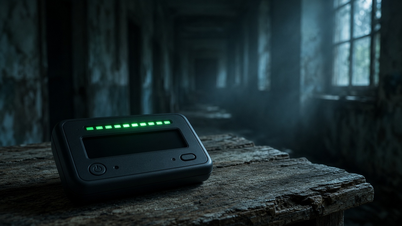 Handheld EMF meter with glowing green LEDs on a weathered wooden table in a misty abandoned hallway