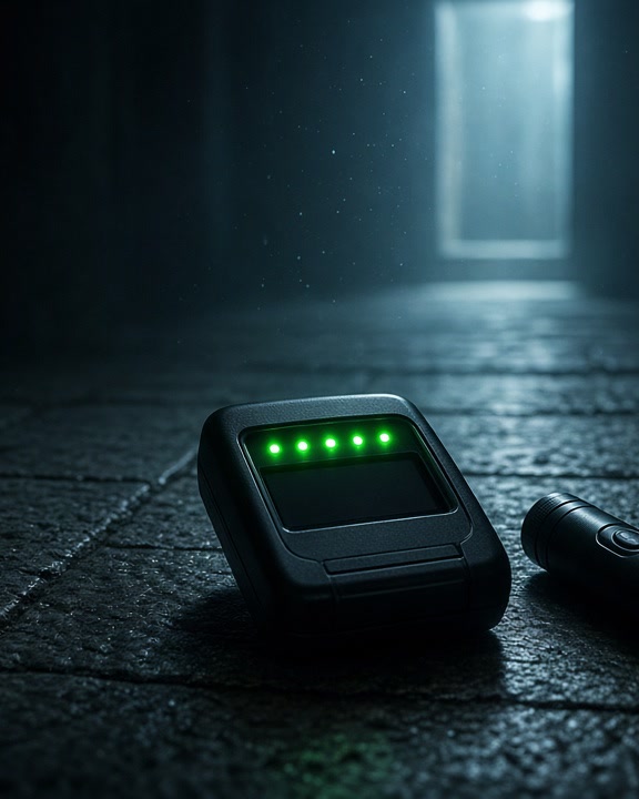 EMF meter and flashlight on stone floor in a dark corridor with green LED glow