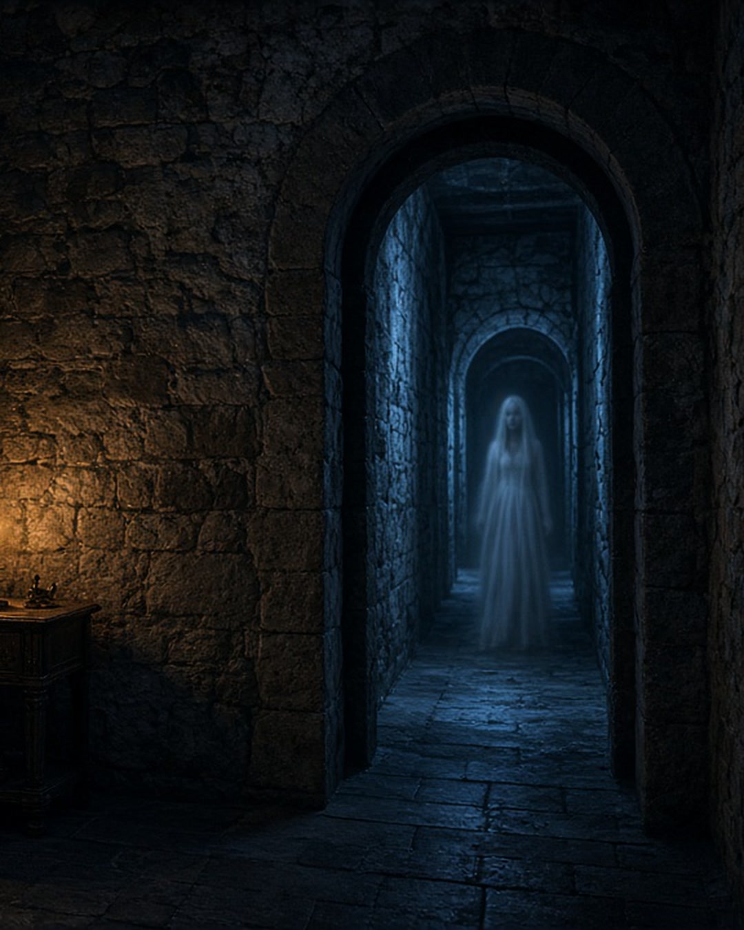 A pale figure in a white gown standing at the end of a dark stone castle corridor, seen through an arched doorway