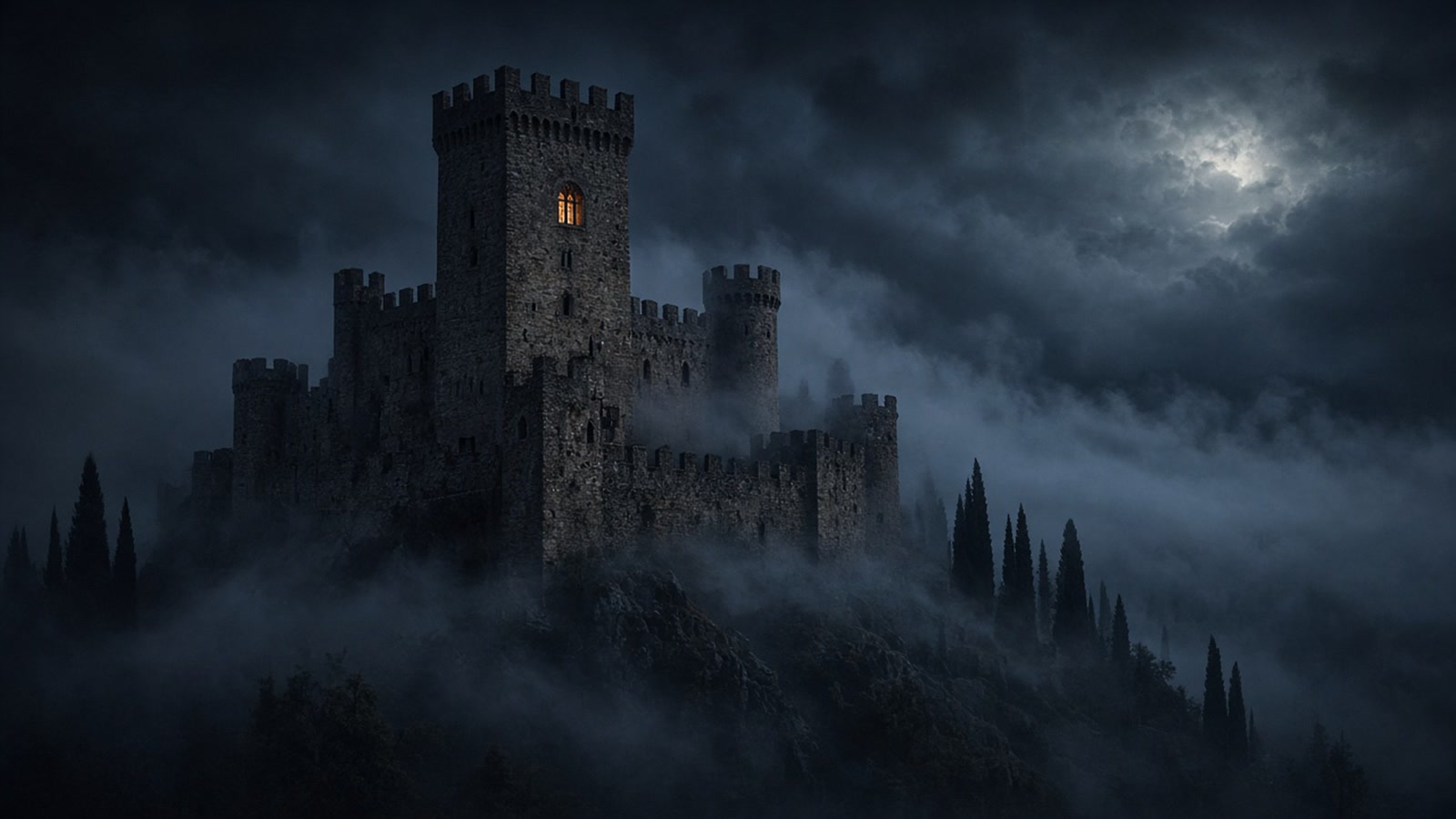 A medieval Italian castle on a misty hill at night, one candle-lit window glowing in its tower
