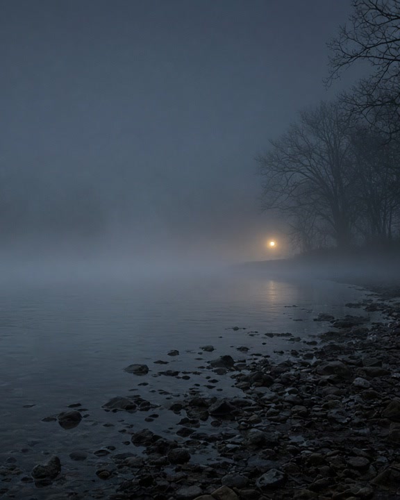 Foggy riverside at night with bare trees and a distant warm glow on the shore