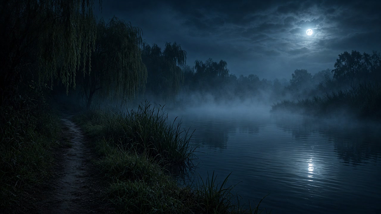 Misty moonlit riverbank with weeping willows at night, empty path along the water