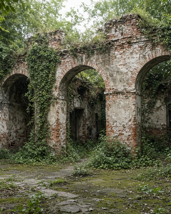 Overgrown courtyard on Poveglia Island with weathered brick arches and ivy