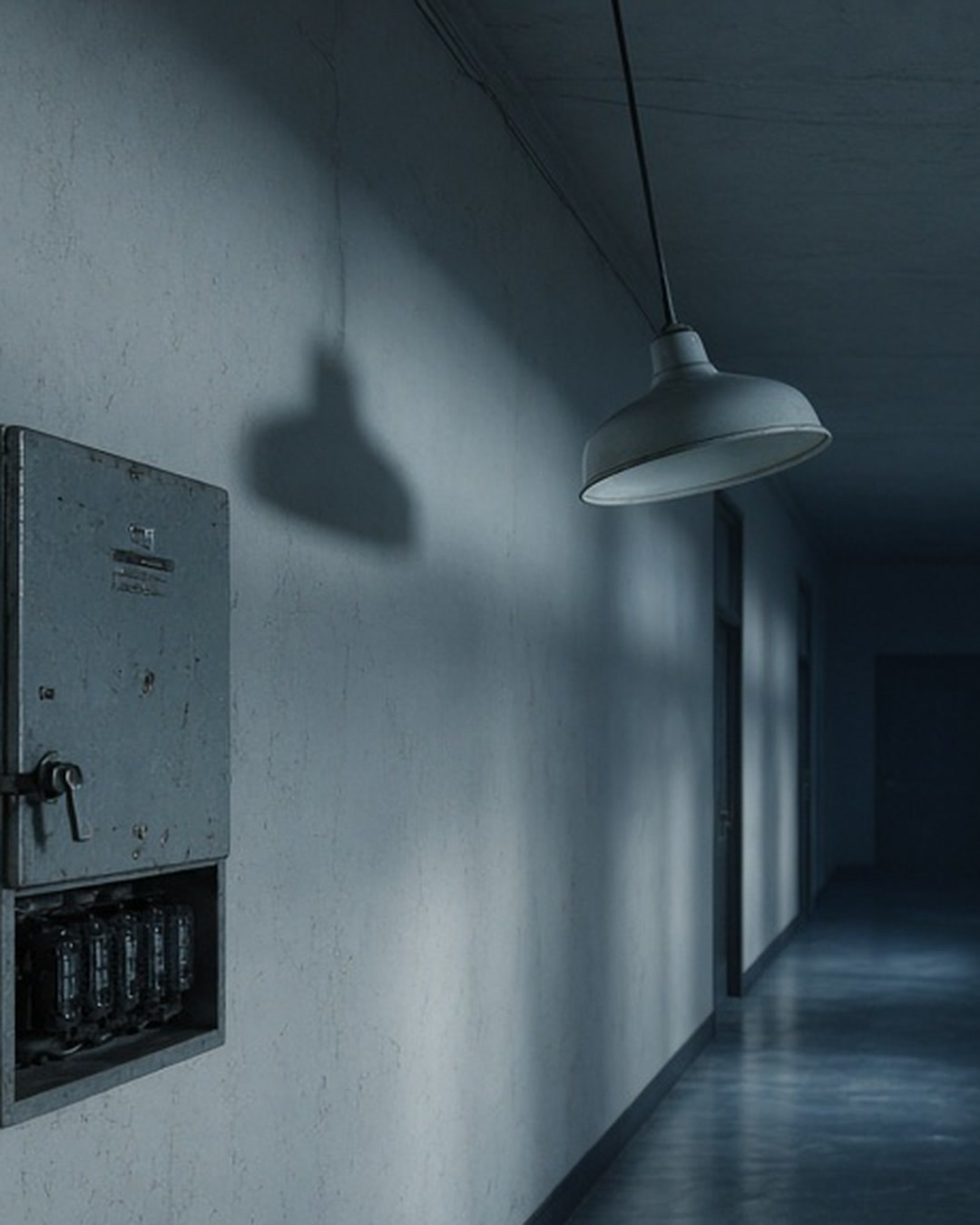 Dim 1960s office corridor with a swinging pendant lamp and an old fuse box on the wall
