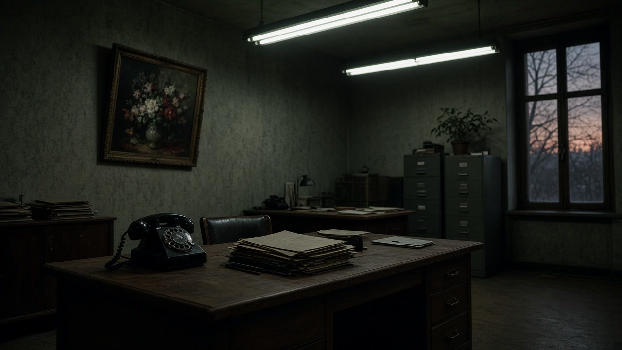 Empty 1960s Bavarian law office at dusk with a rotary phone, crooked painting and hanging fluorescent lights