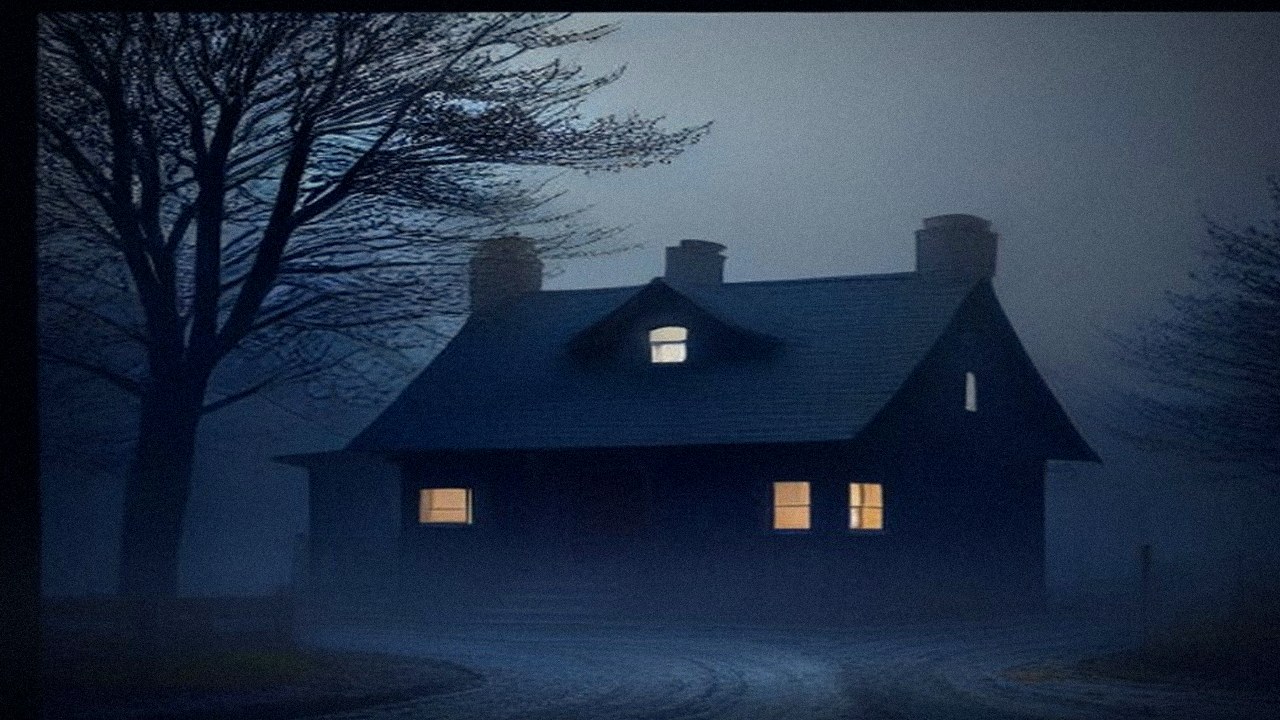 Small two-storey wooden house on a misty small-town street at night with one lit upstairs window