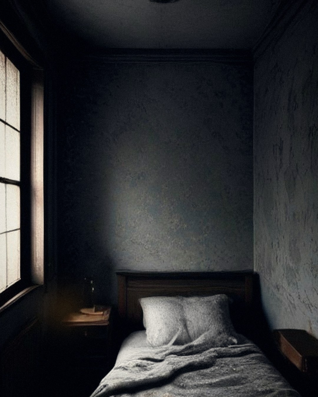 Dim 19th-century bedroom at night with a narrow bed beneath a tall window and stained wallpaper