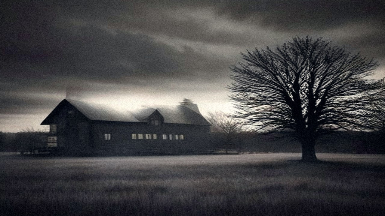 Dark frontier farmhouse beside a bare tree under a stormy night sky, evoking the Bell Witch haunting in Tennessee