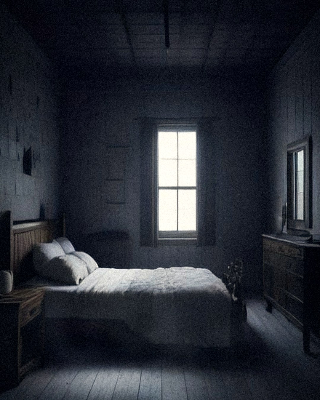 Shadowy old farmhouse bedroom at night with a pale bed and a single window, where the Bell Witch was said to pull the covers