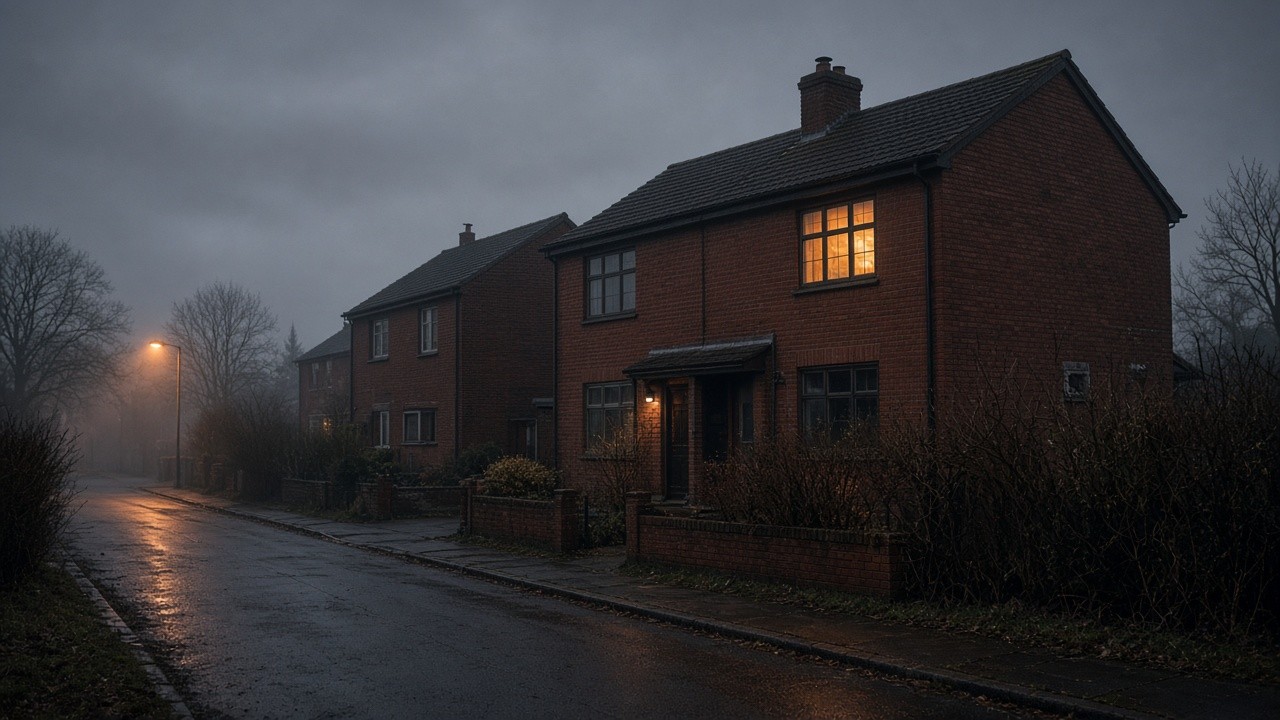 A red-brick 1960s council house on a misty Yorkshire street at dusk, one upstairs window glowing warm under a grey sky