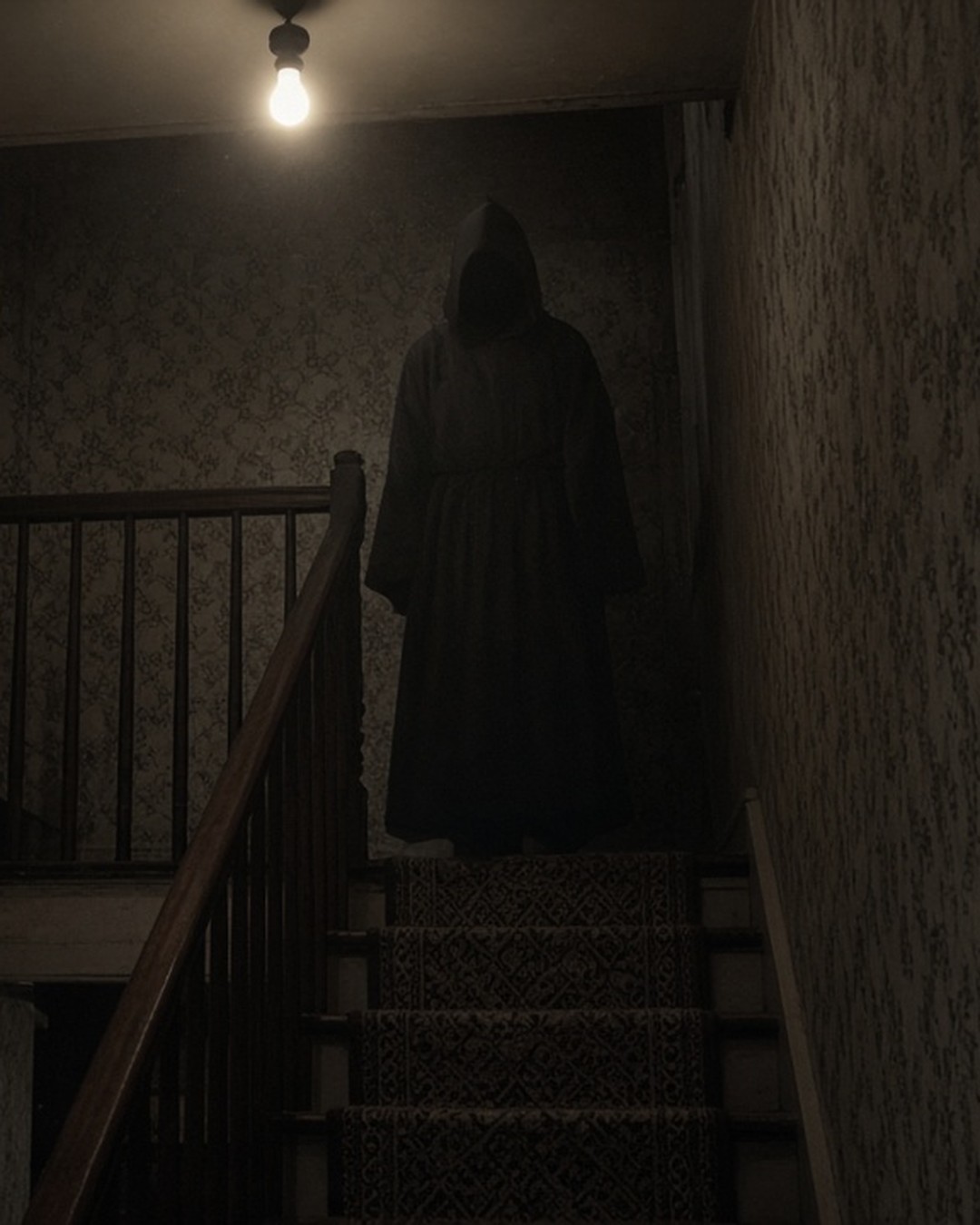 A dark hooded figure in a monk's habit standing at the top of a narrow wallpapered staircase in a 1960s English house, lit by a single bare bulb