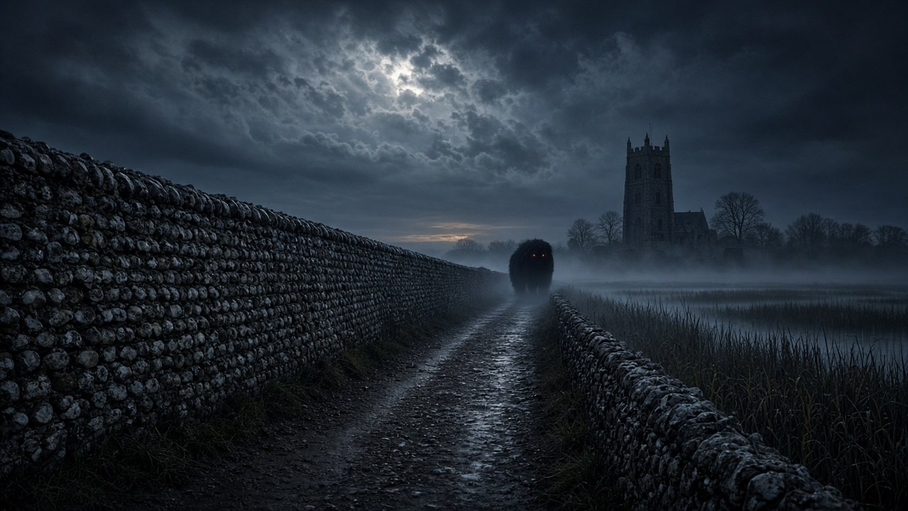 A huge shaggy black dog with glowing red eyes stands in the mist on a flint-walled marsh lane at night, a church tower beyond