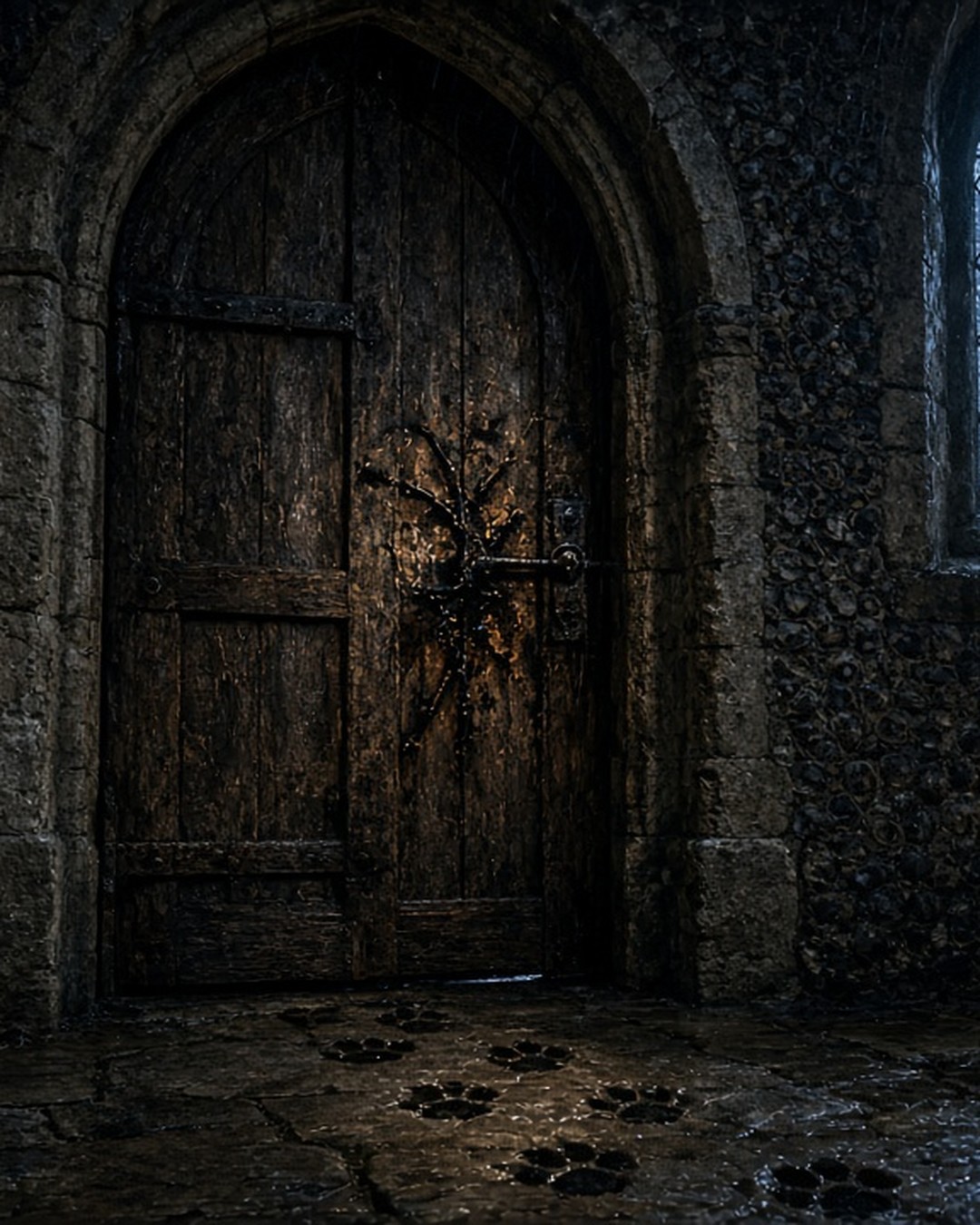 Lightning flashes through a leaded window onto a scorched medieval oak church door, with large wet paw prints on the stone floor