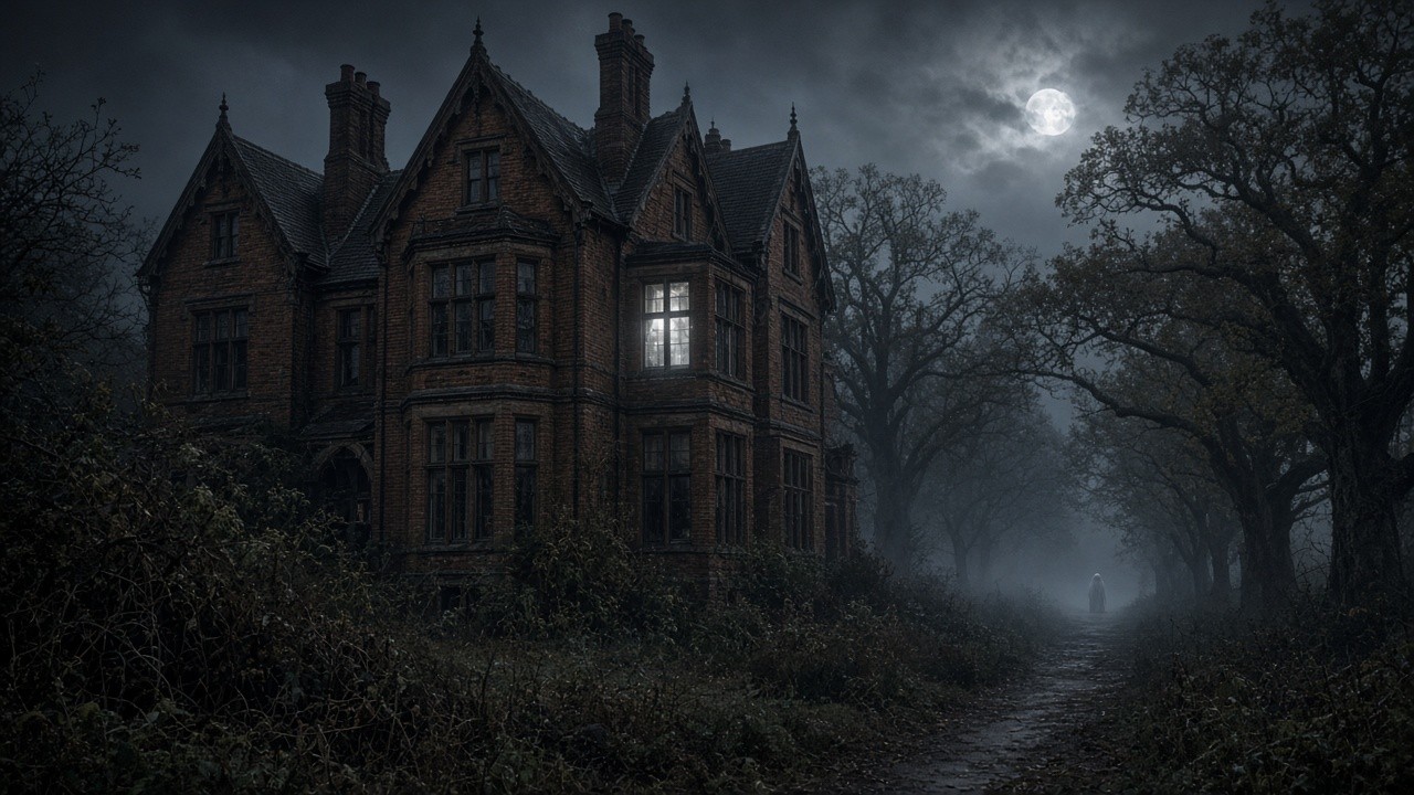 A gaunt Victorian red-brick rectory at night in an overgrown Essex garden, one upstairs window glowing, a pale hooded figure far down a misty tree-lined path