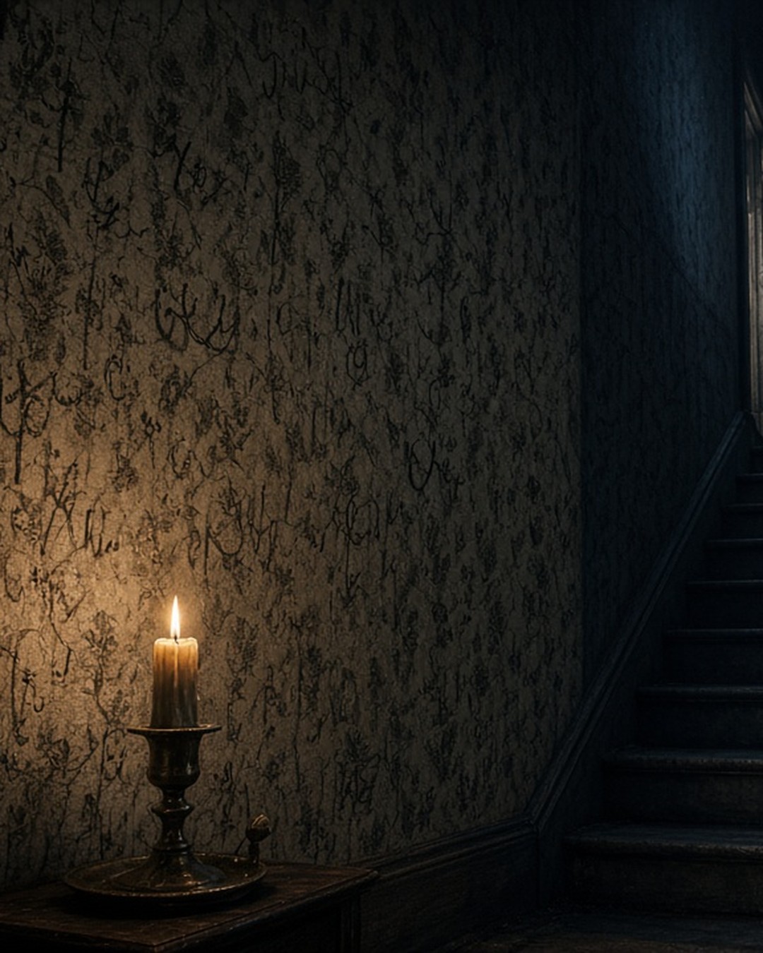 A candle burning beside a wallpapered rectory wall covered in faint pencil scrawls, a dark staircase rising into shadow