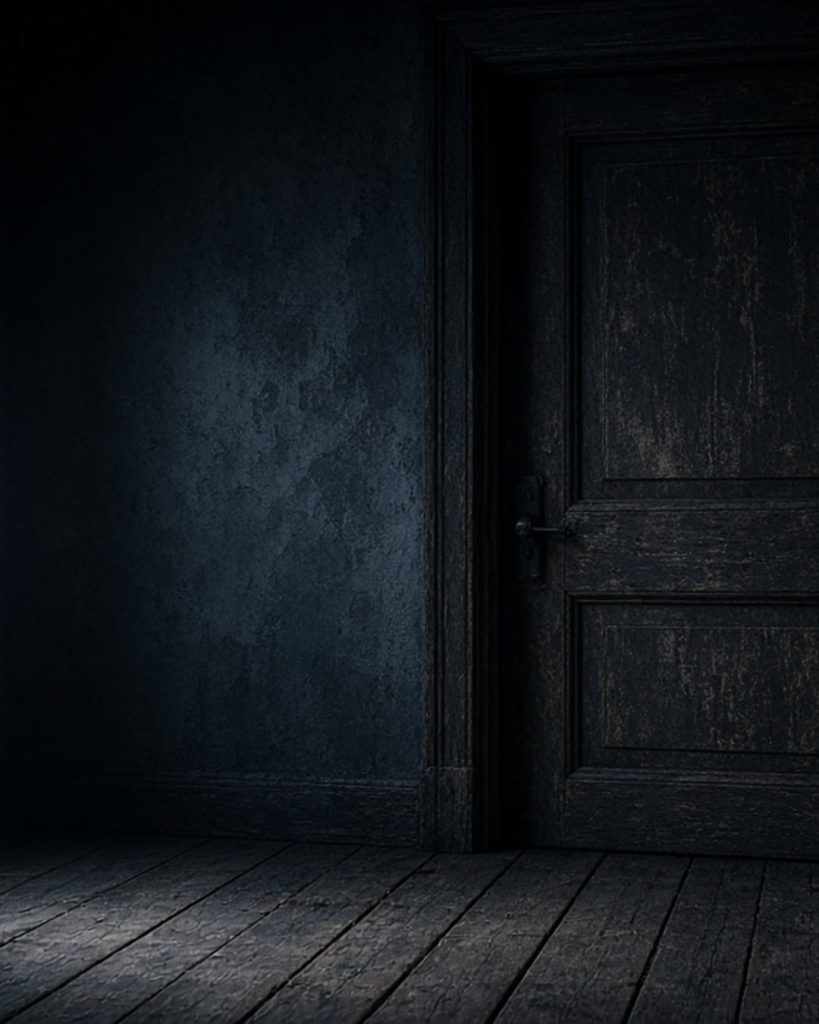Empty old wooden room at night, moonlight through a dusty window and closed door