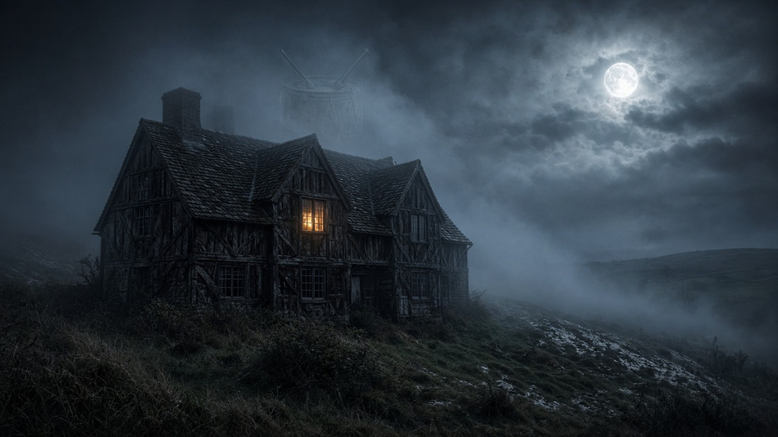 A lonely timber manor house on misty chalk downland at night under a full moon, with a faint ghostly drum above its roof — the Drummer of Tedworth