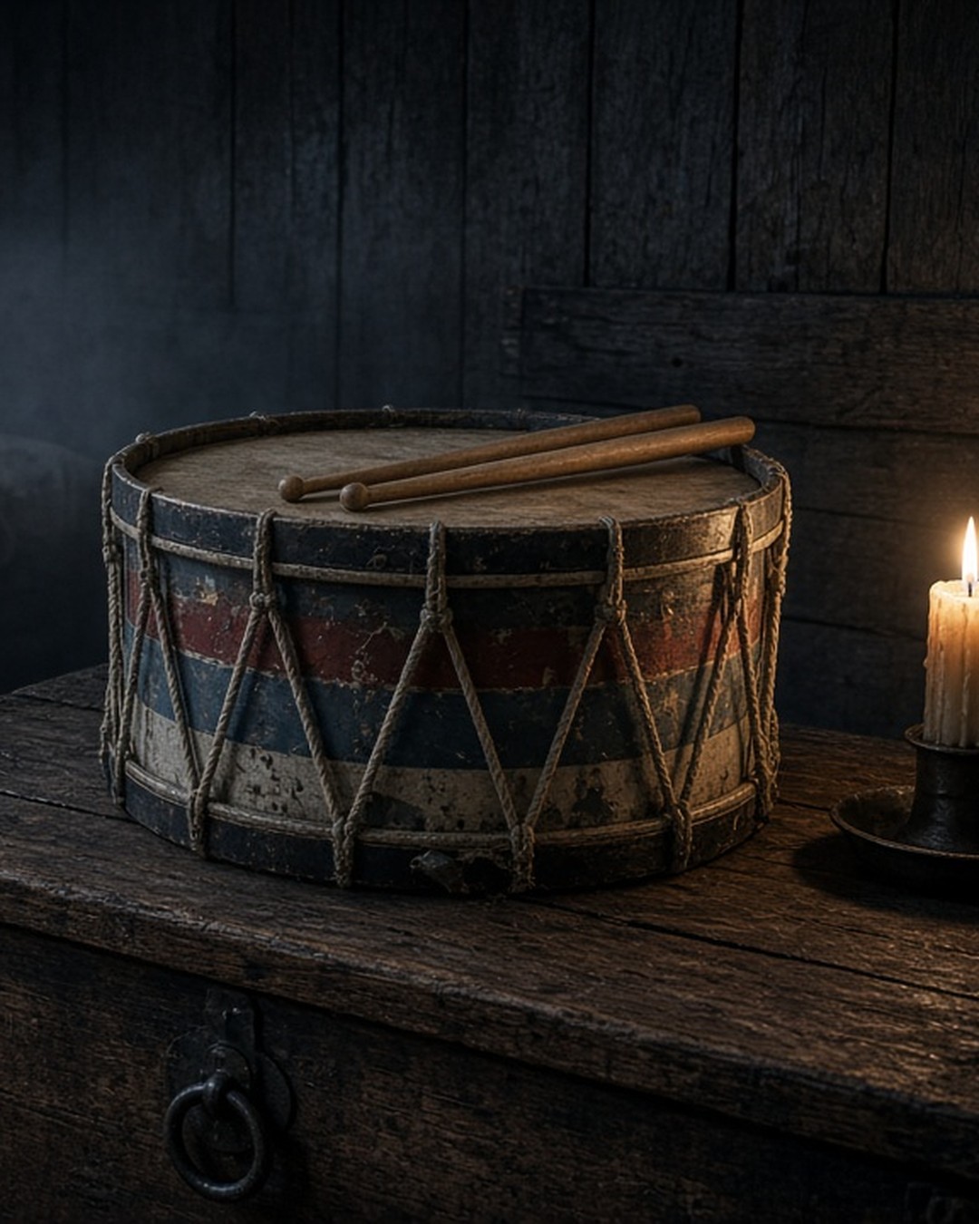 An old rope-tensioned military drum with two drumsticks on an oak chest beside a candle in a dark 17th-century bedroom