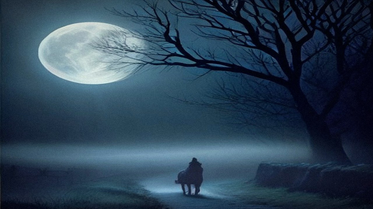 Cloaked rider on a dark horse on a misty Irish country lane under a full moon and bare trees