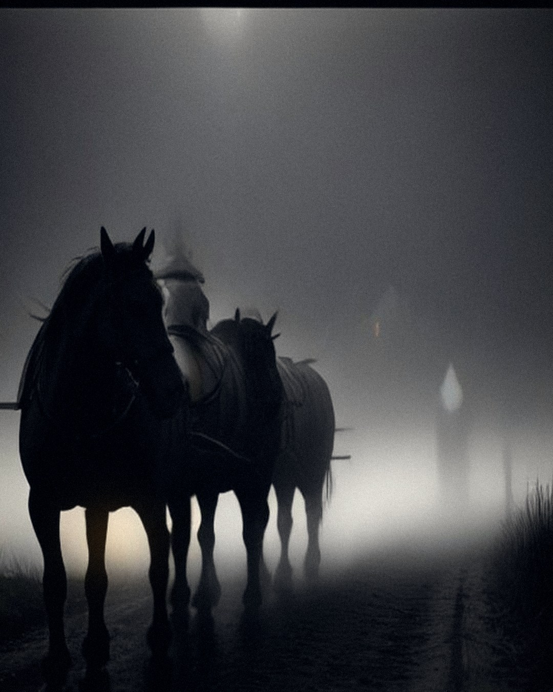 Dark horses drawing a black coach through thick fog on a rural road at night, a pale lantern glowing behind