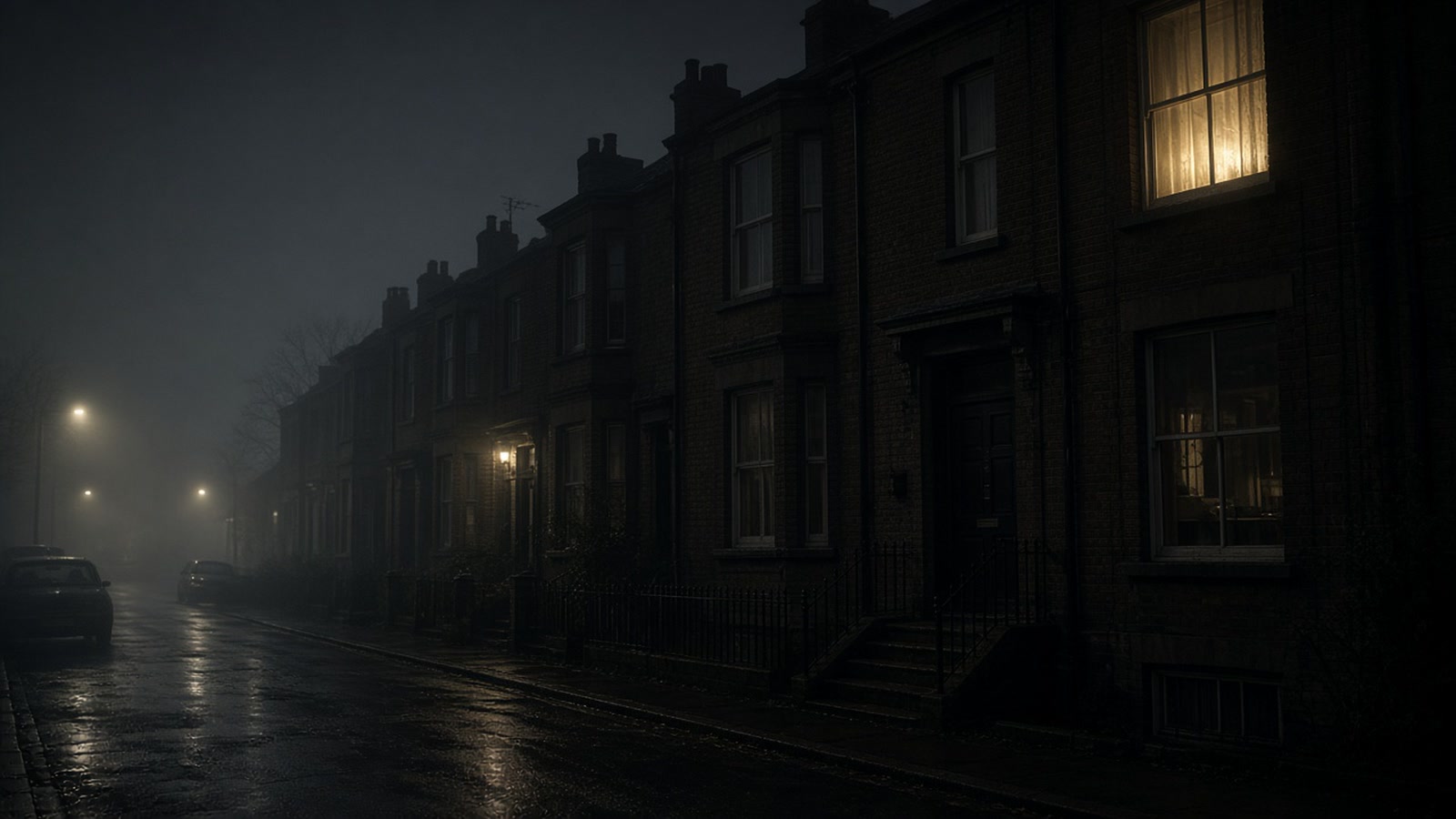 A dark wet street of brick terraced houses at night, one upstairs window lit.