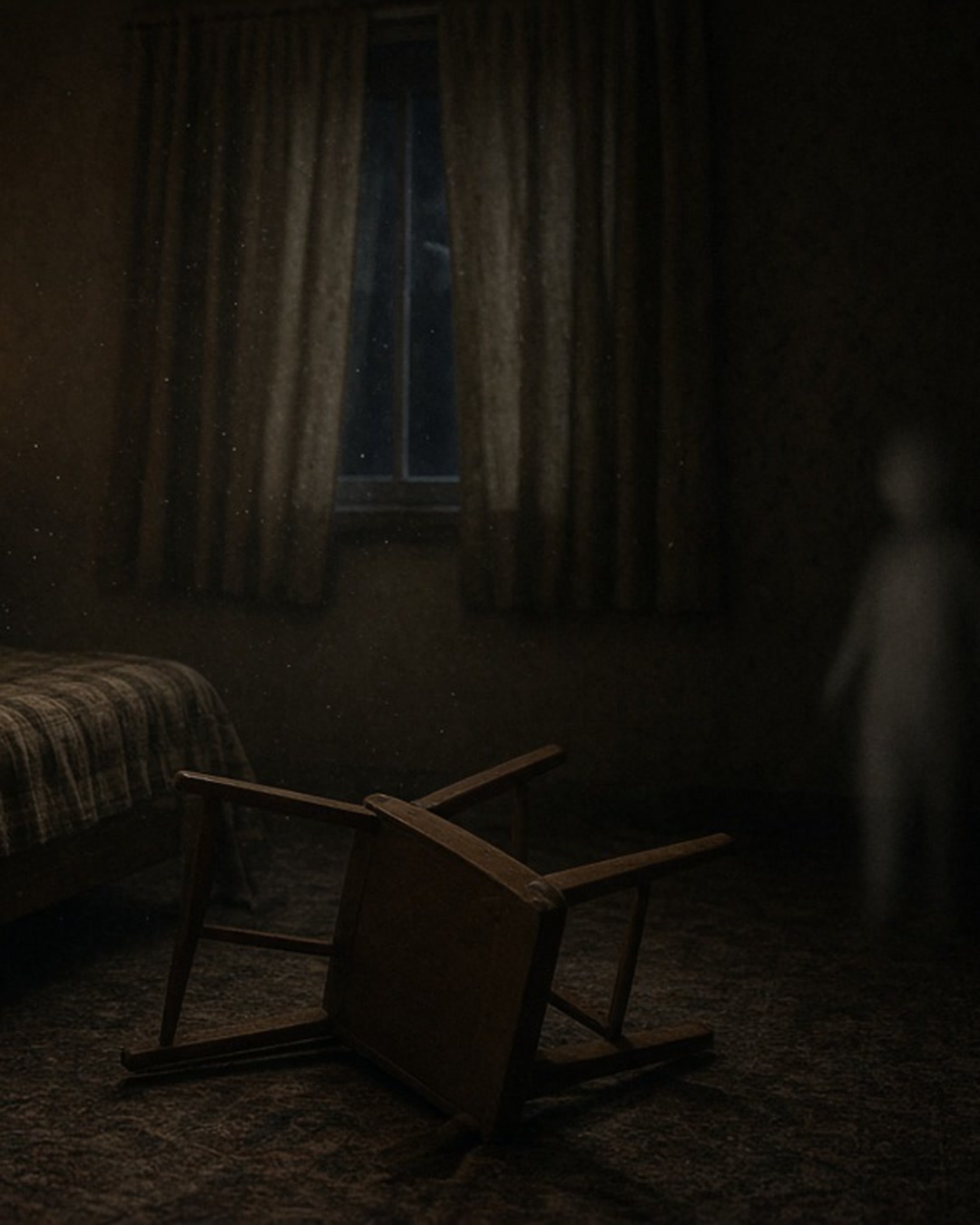 A dim 1970s bedroom with a bed, an overturned chair, and a blurred pale figure in the corner.