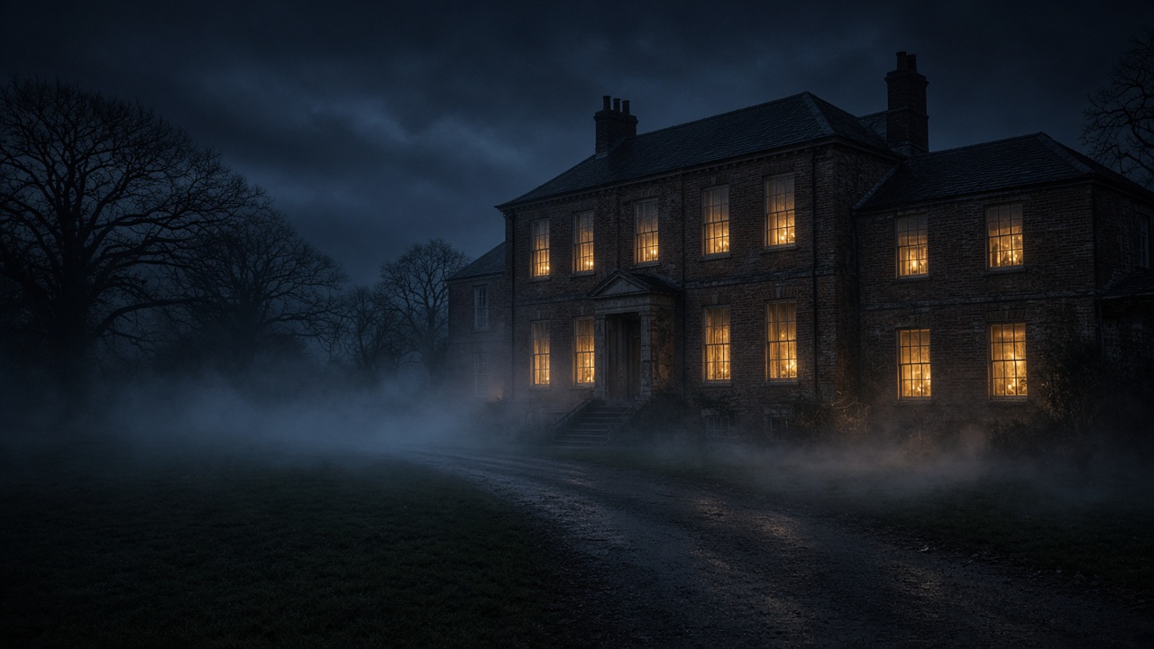 Moody Georgian brick rectory at night with candlelit windows and fog