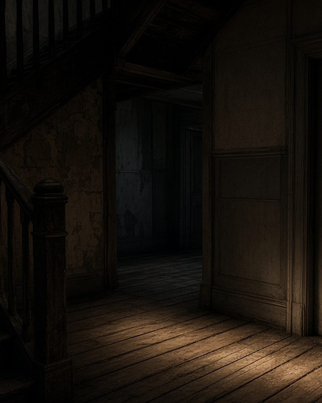 Dark empty rectory corridor with panelled door and wooden stairs at night