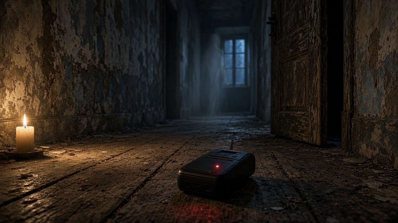 A digital audio recorder with a red recording light on the dusty floor of a candle-lit abandoned villa hallway, a pale figure far down the corridor