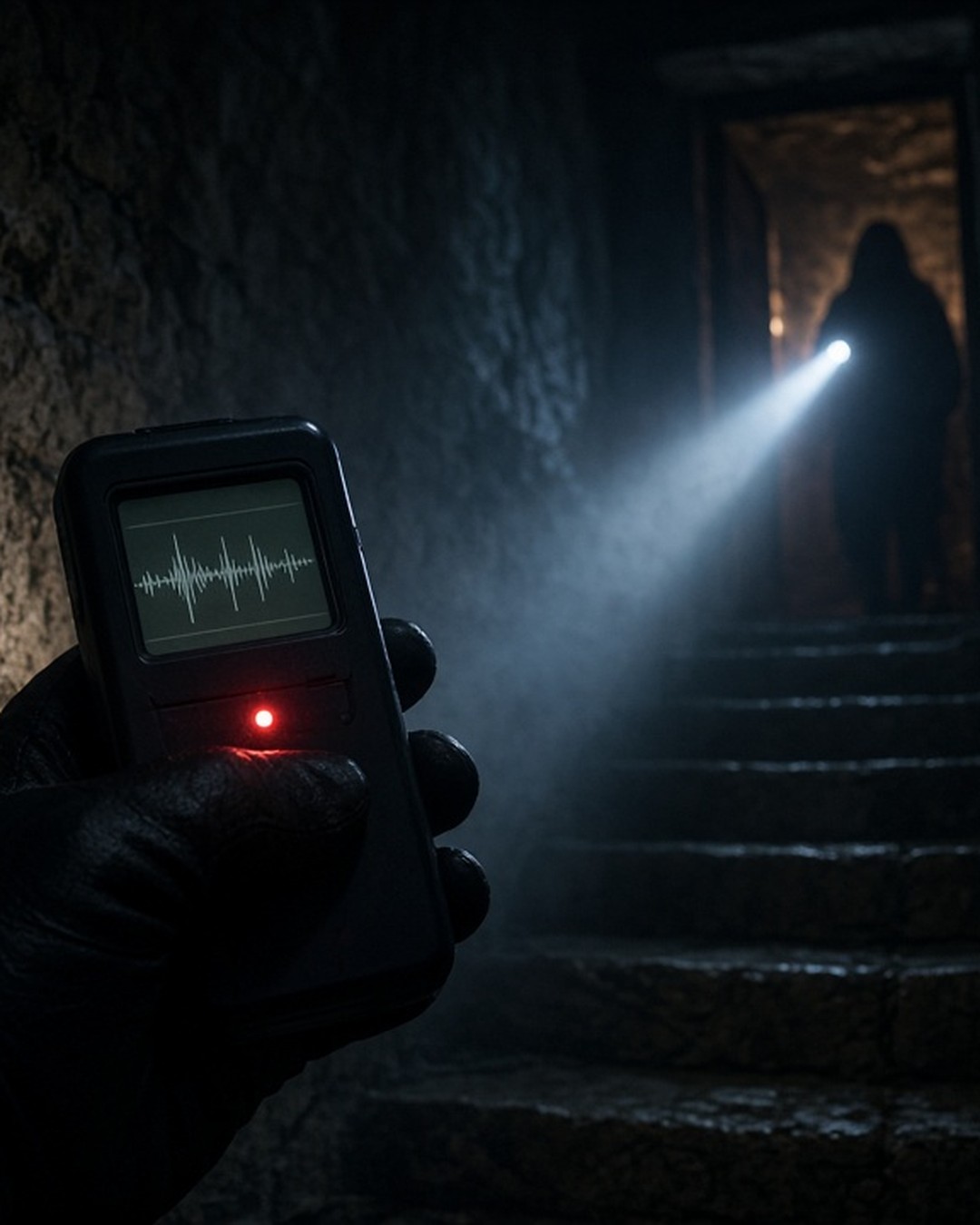 A gloved hand holds a digital voice recorder showing a waveform on a dark cellar staircase, a shadowy figure standing in the doorway above