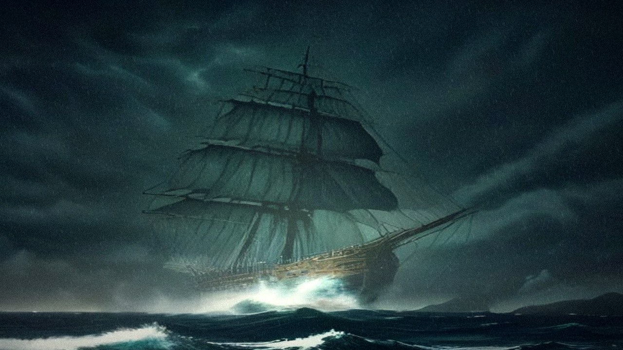 Ghostly old sailing ship with torn sails riding a storm sea at night off a dark cape, evoking the Flying Dutchman legend