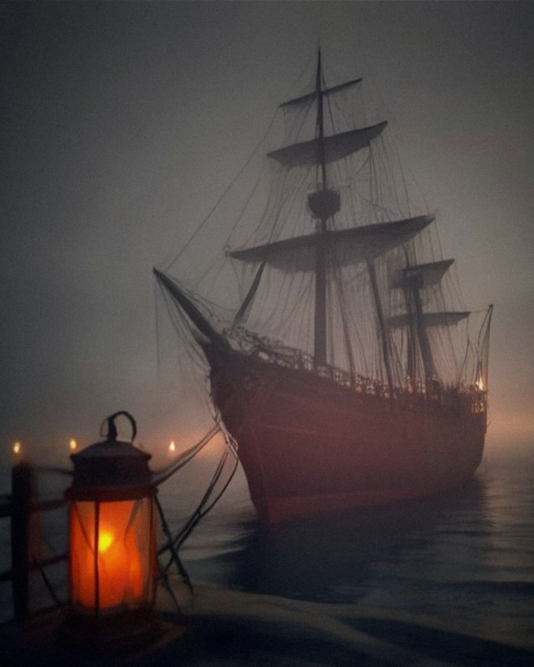 Phantom sailing ship looming out of the fog at dawn beside a glowing ship lantern, a scene from the Flying Dutchman legend