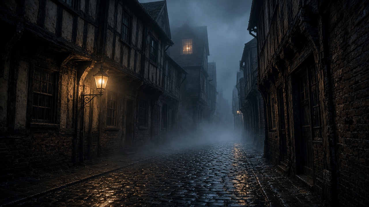 foggy 18th-century London alley at night with lantern light (Cock Lane mood)