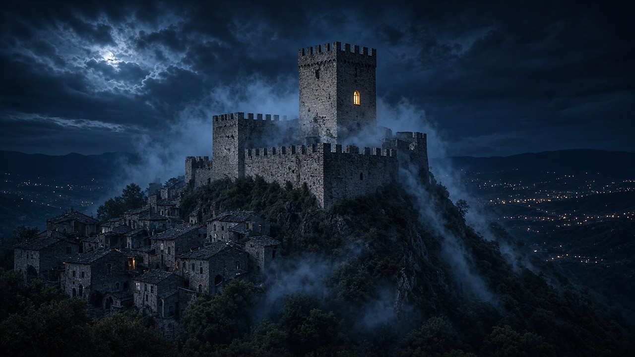A medieval hilltop castle with a square tower above a stone village at night, wrapped in mist under cold blue moonlight