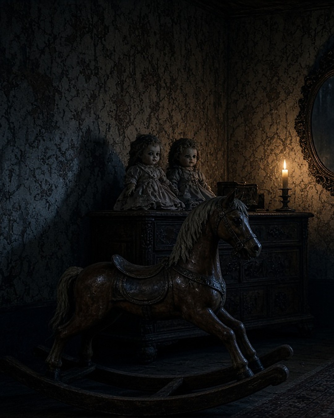 A dim nineteenth-century child's bedroom in an Italian castle at night, an antique rocking horse in front of a chest with two old dolls and a single candle beside an ornate mirror