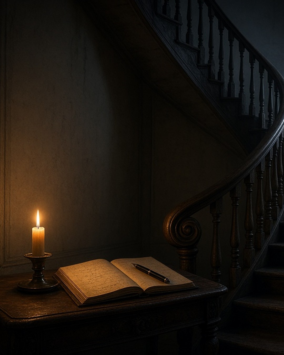 Candle beside an open handwritten notebook at the foot of a dark curving manor staircase at night
