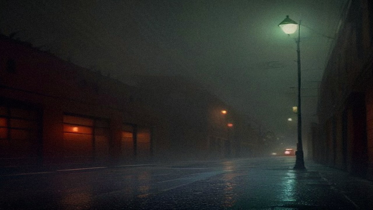 Old brick firehouse with glowing garage doors on a wet, foggy city street at night under a green streetlamp