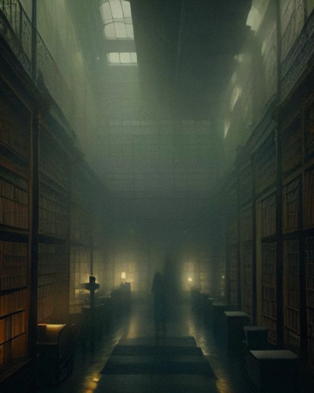 Misty old library reading room after closing, tall bookshelves and a faint dark figure standing between the stacks