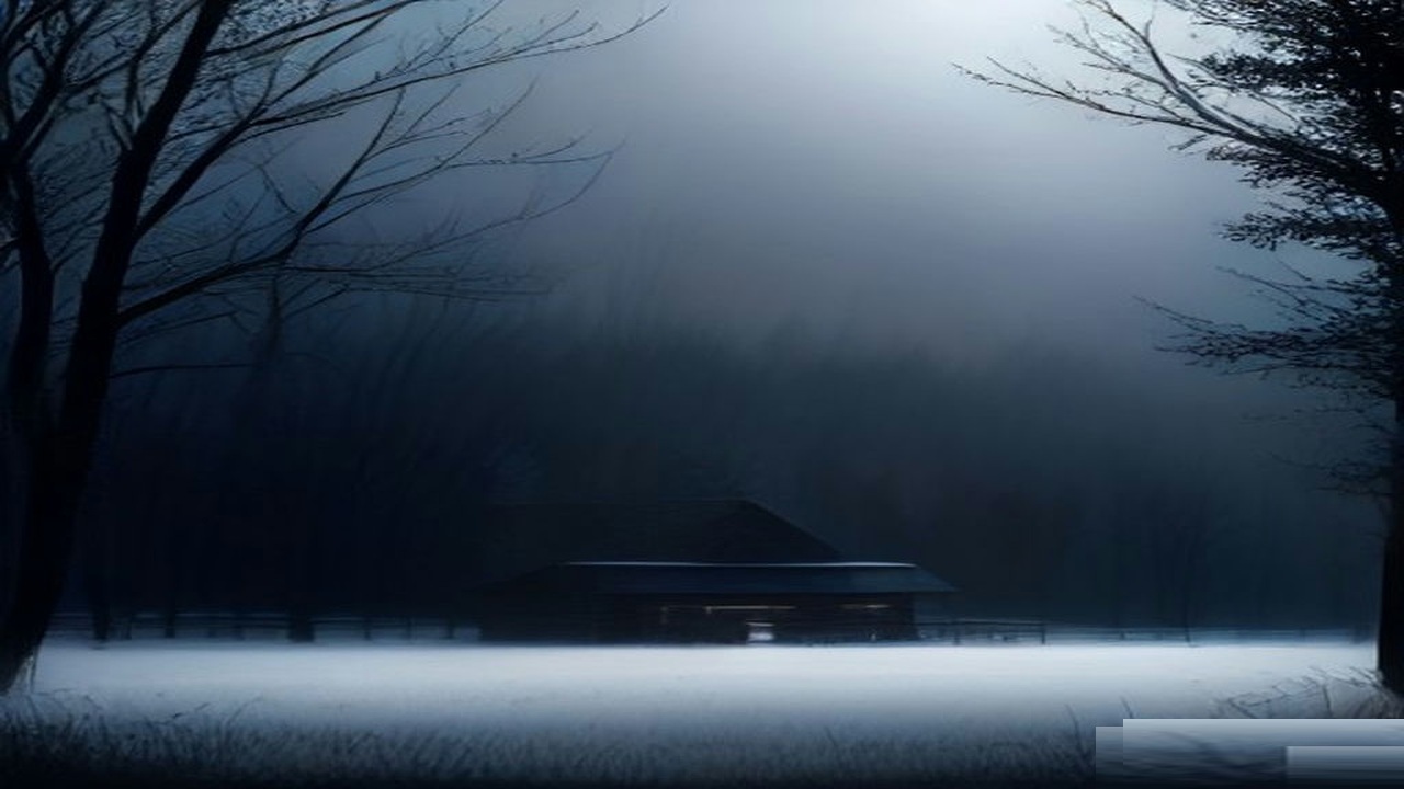 Moody night view of a rural wooden farmhouse with an empty porch under cold moonlight and mist