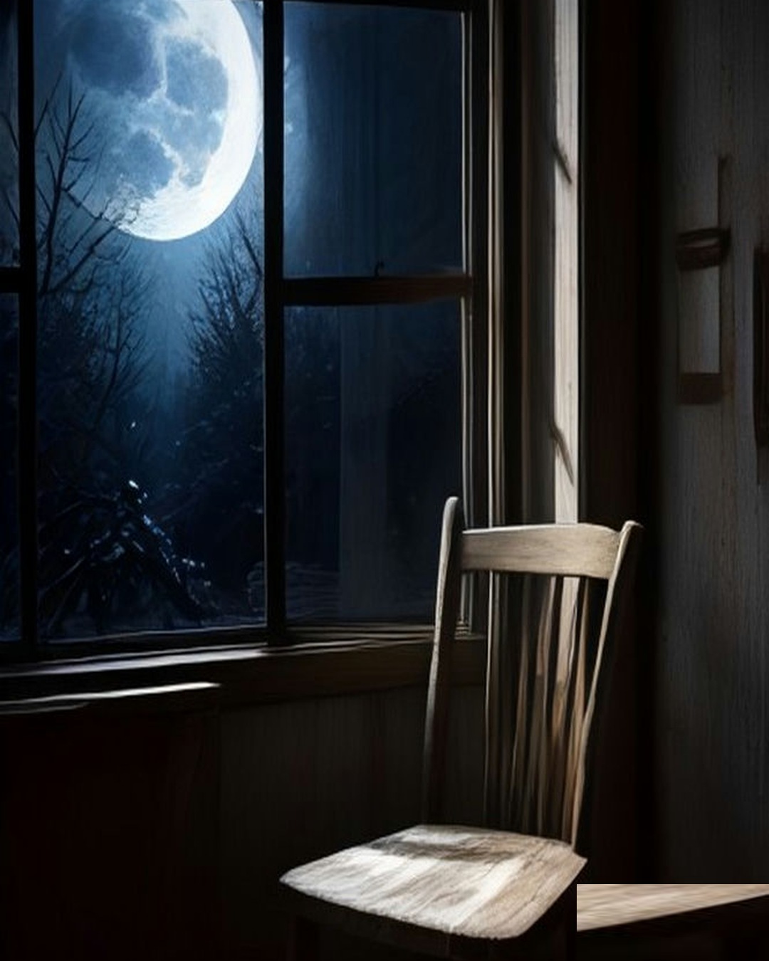 Empty wooden chair by a farmhouse window at night, cold moonlight and bare trees outside
