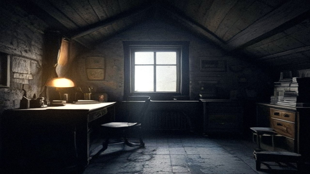 Dark attic writing room in an old stone house at night, a lamp glowing on the desk and pale light at the window