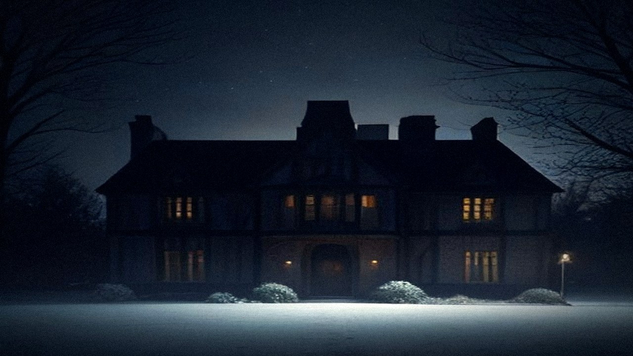 Tudor manor house in the Hampshire downs at night, a few windows lit behind bare trees and a pale frosted lawn