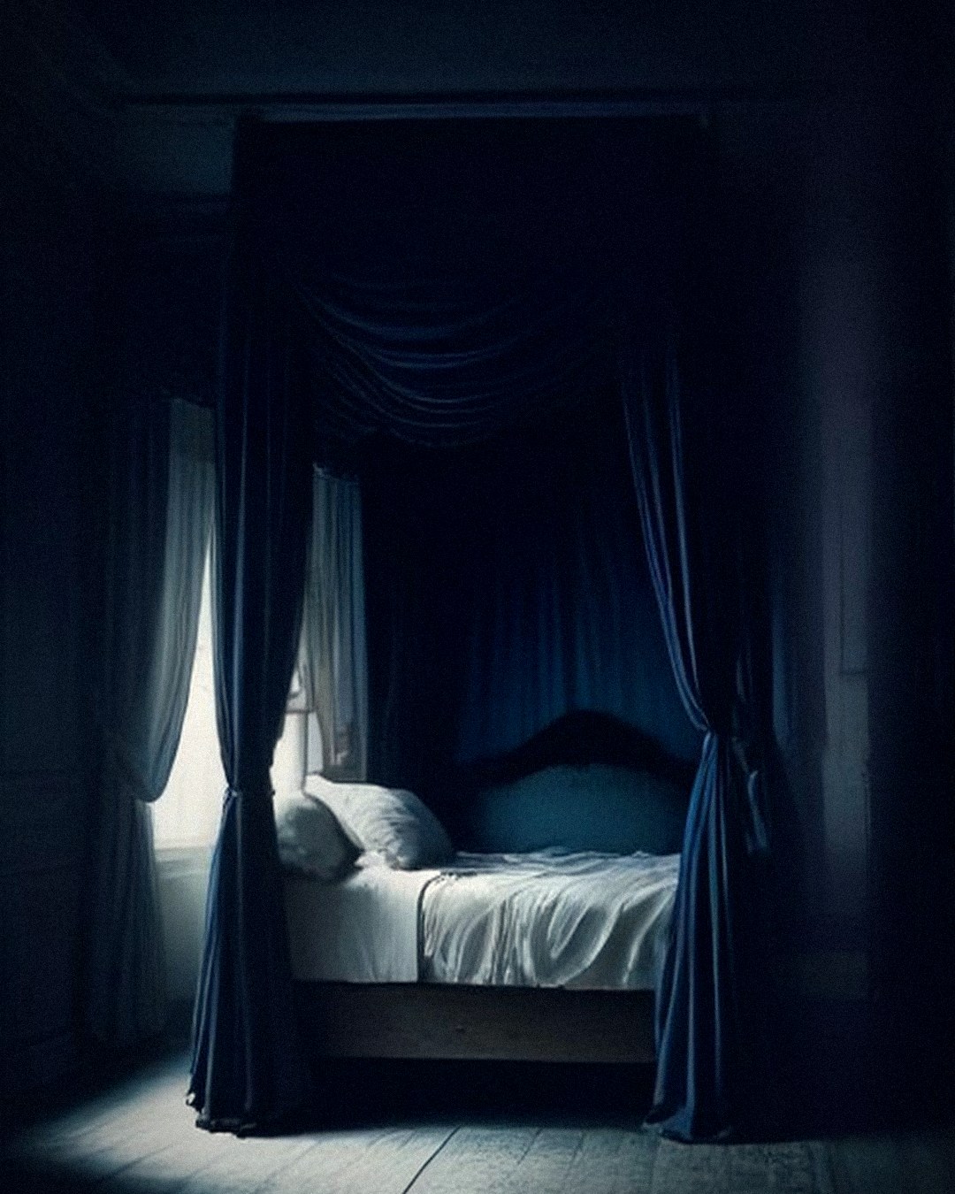 Dark eighteenth-century bedchamber with a curtained four-poster bed and cold moonlight falling across bare floorboards
