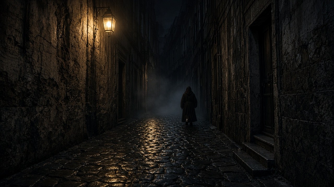 A small hooded monk-like figure walking down a misty Naples alley at night under a lantern