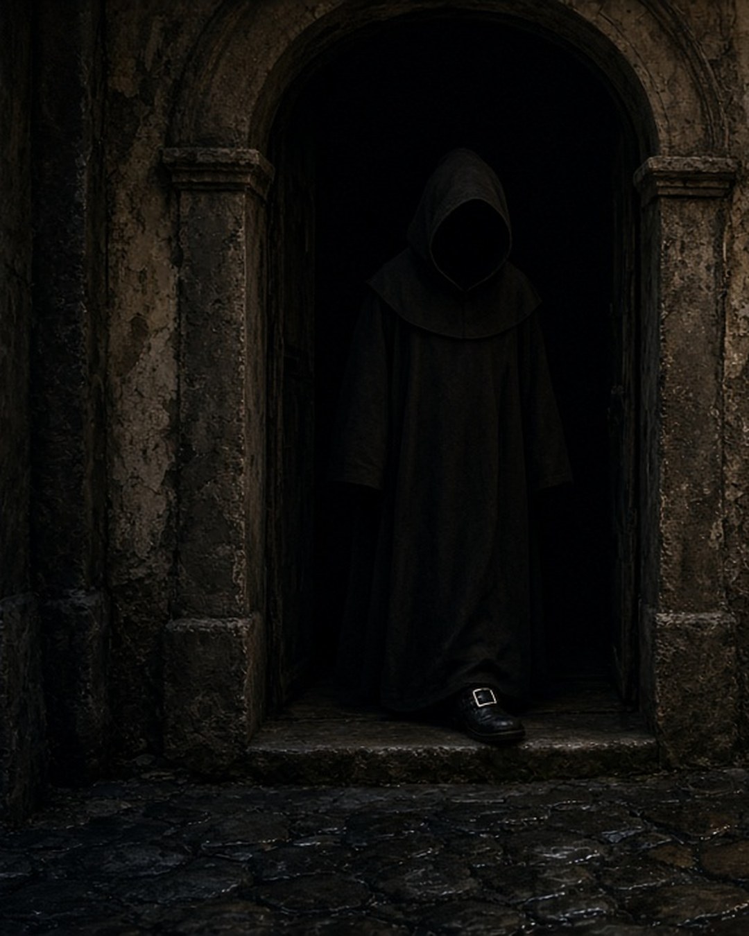 A hooded little-monk figure standing in a dark Naples doorway by candlelight