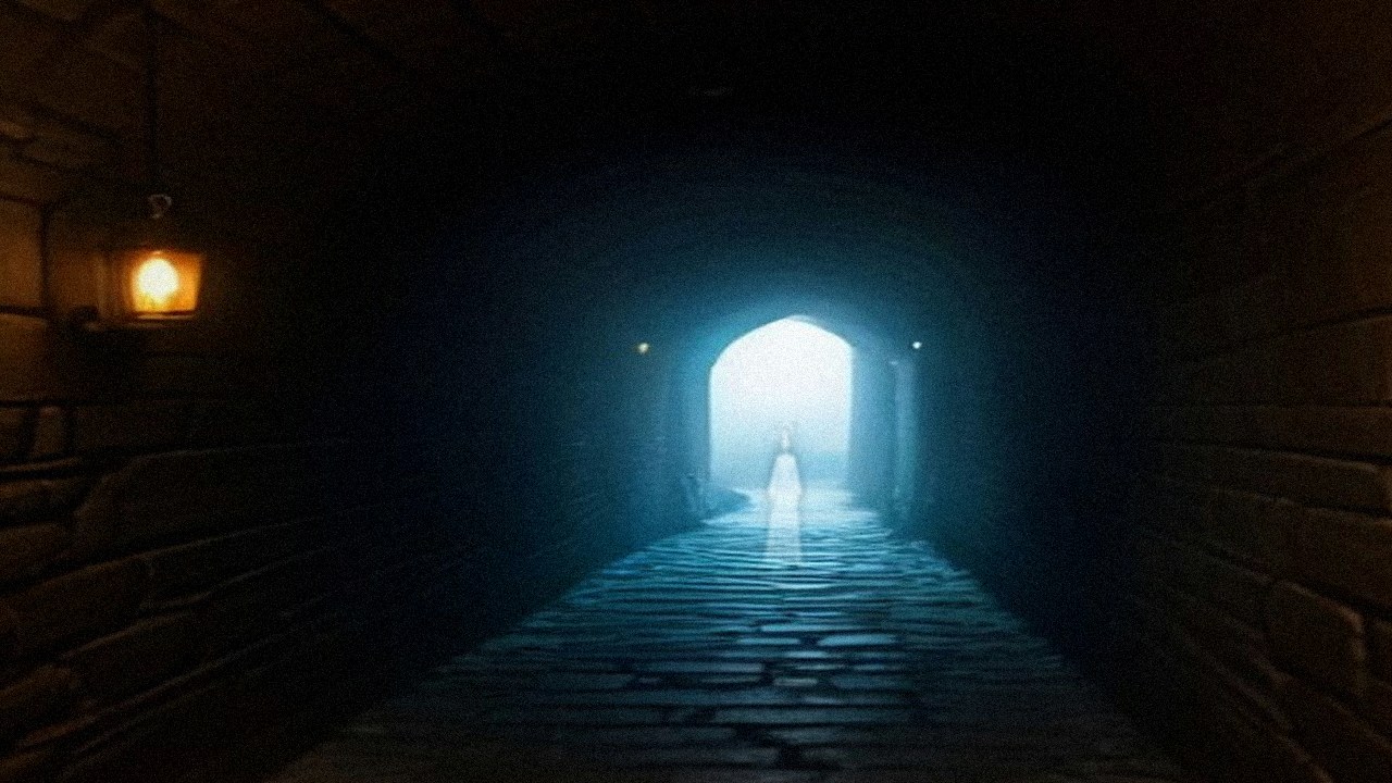 Lantern-lit cobbled passage of Mary King's Close, the buried 17th-century street beneath Edinburgh's Royal Mile, fading into blue mist