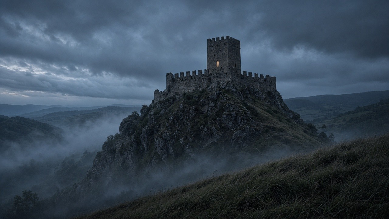 A medieval stone castle on a rocky hilltop above misty Romagna valleys under a dark storm sky, one window lit